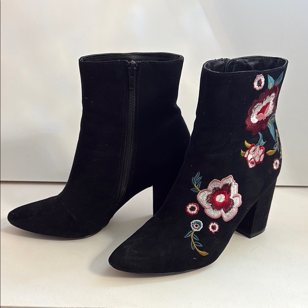 Floral Embroidered Black Ankle Boots